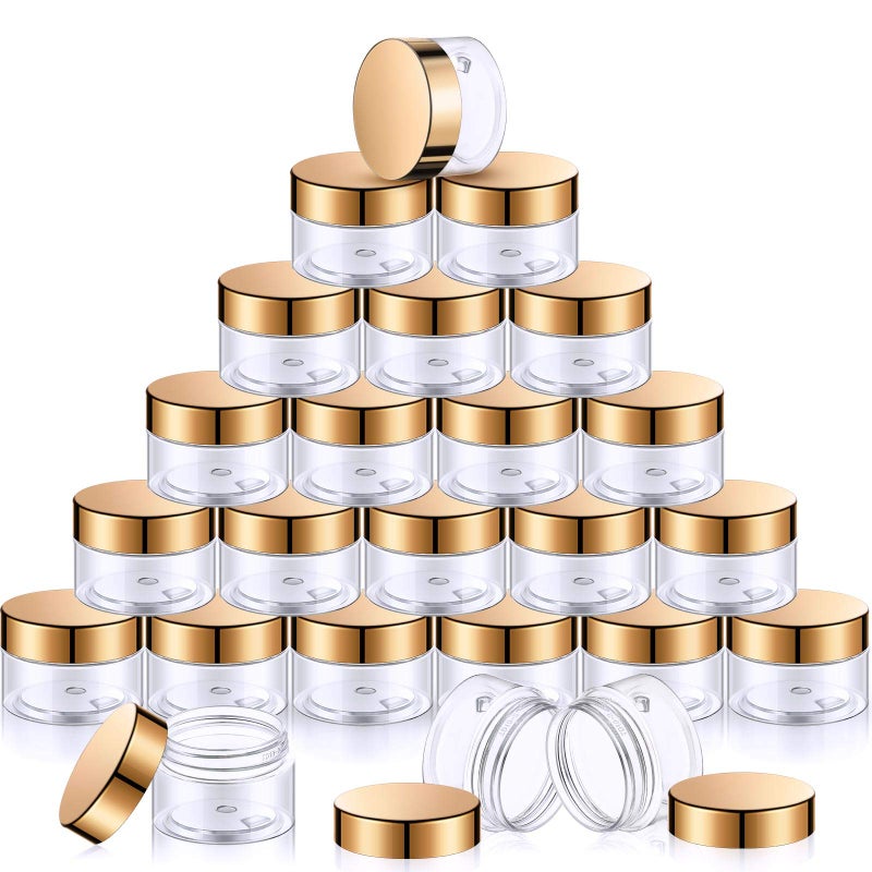 SATINIOR 24 Pieces Empty Clear Plastic Jars with Lids Round Storage Containers WideMouth for Beauty Product Cosmetic Cream Lotion Liquid Butter Craft and Food Gold Lid1 oz